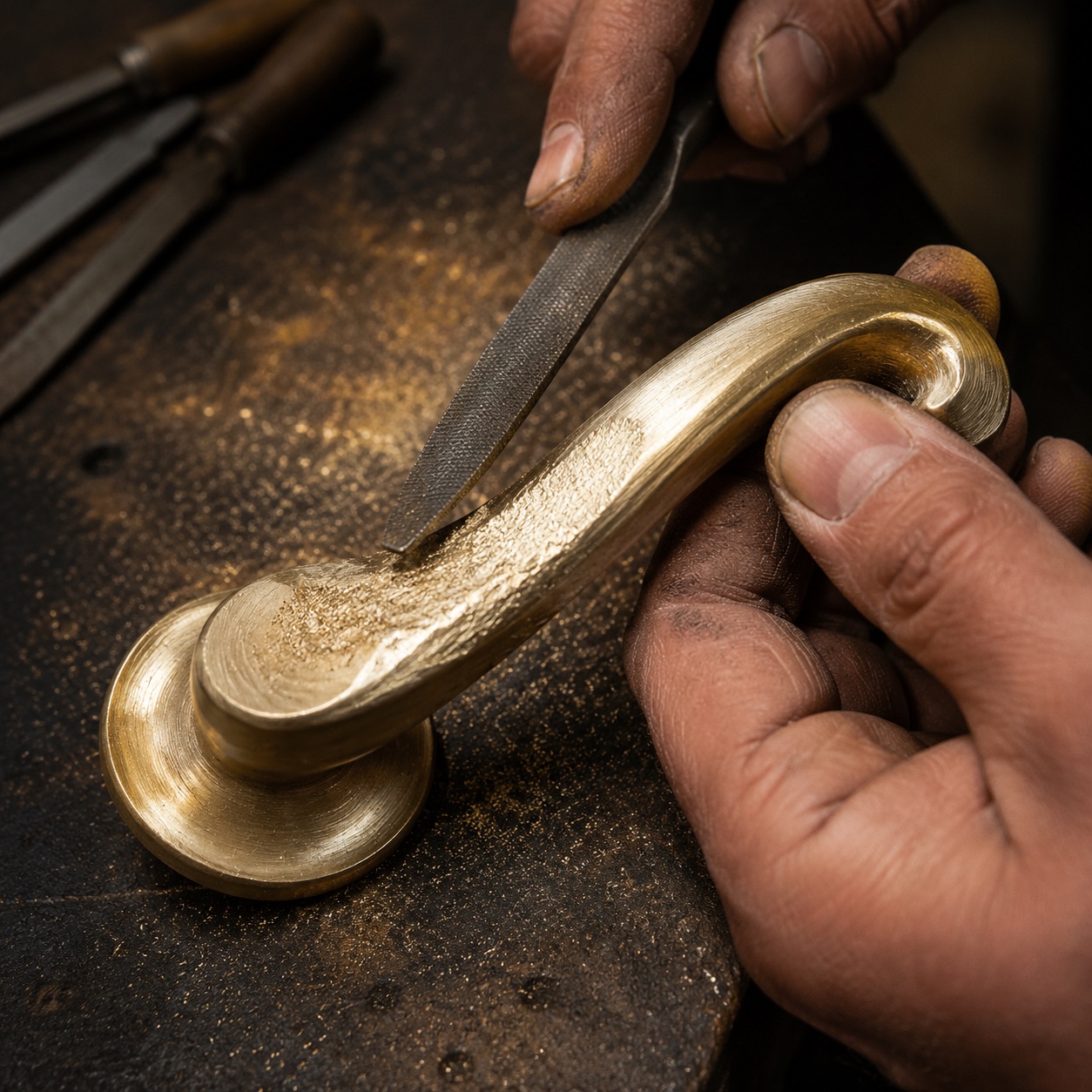 Brass hardware, stage: Filed.