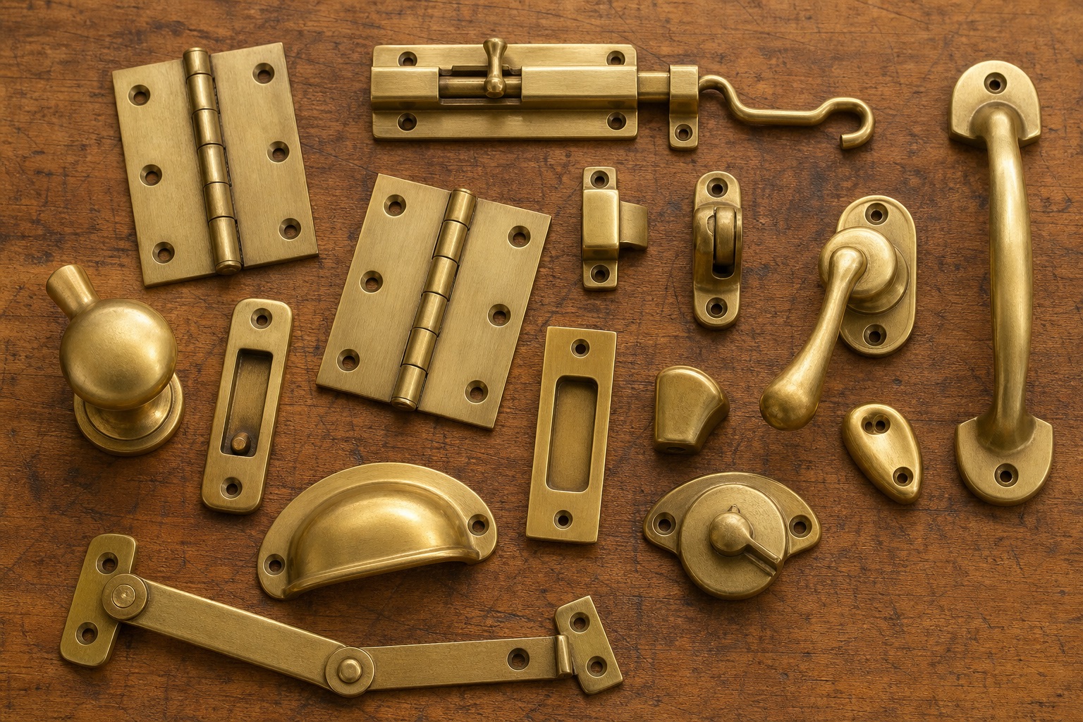 Solid brass hardware arranged on a workshop bench