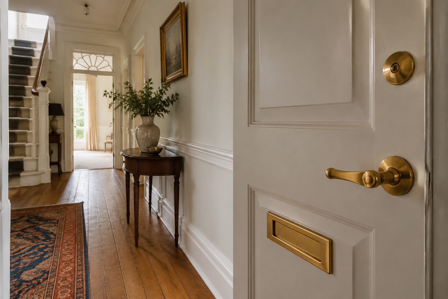 A panelled door dressed with solid brass hardware in a period hallway