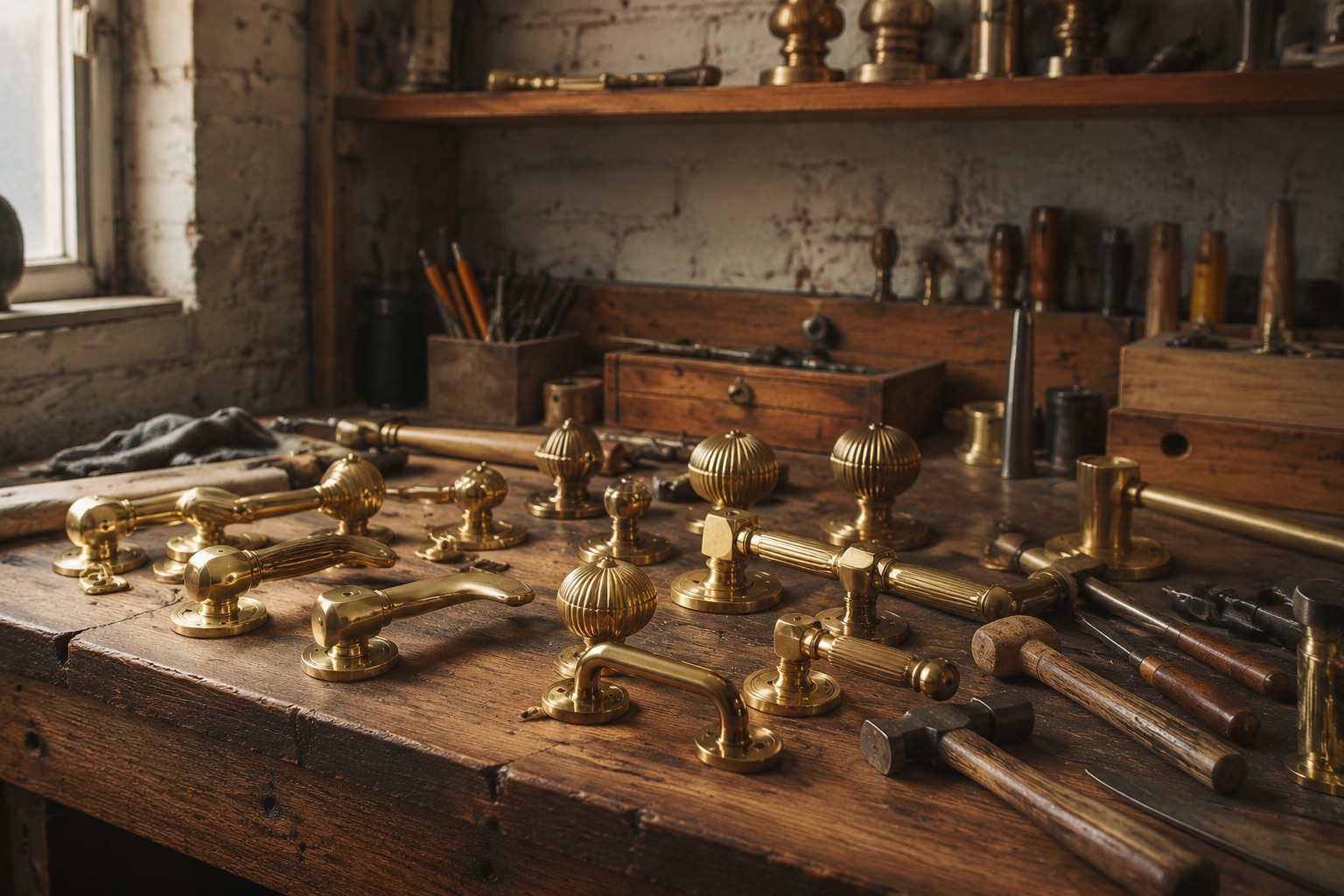 The workshop bench with brass hardware and hand tools